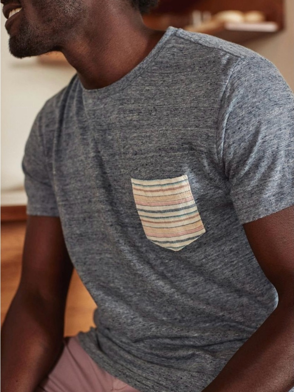 Marine Layer Denim Neps Signature Pocket T-Shirt Stripe Contrast Soft Relaxed L